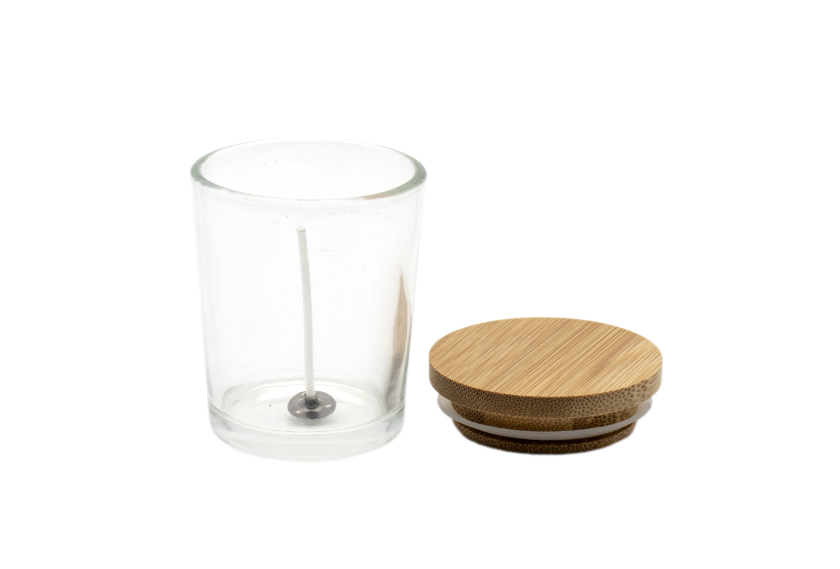 Frasco vidro para velas transparente com tampa de bamboo.
