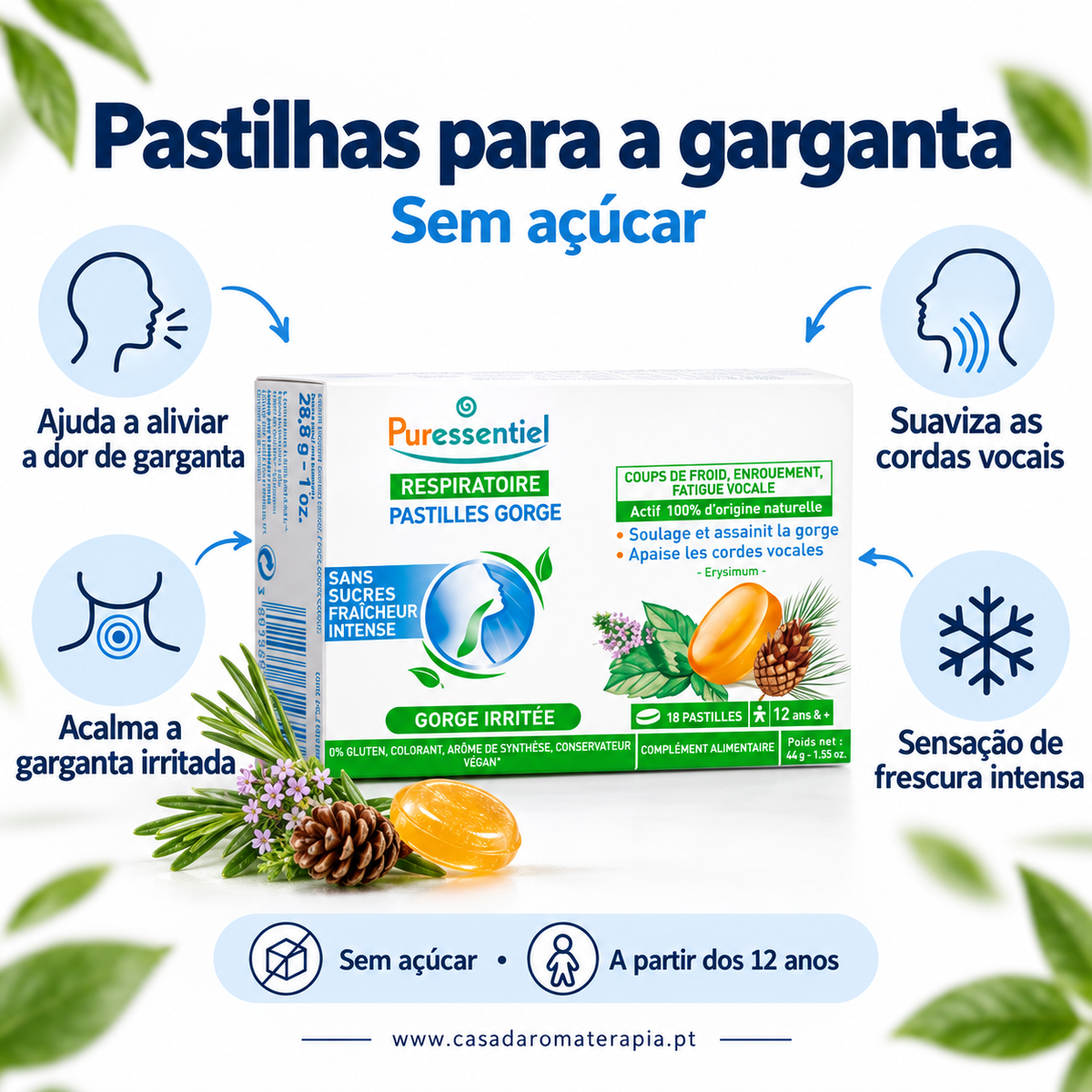 Pastilhas Garganta Irritada Sem Açúcar - Puressentiel 18 pastilhas