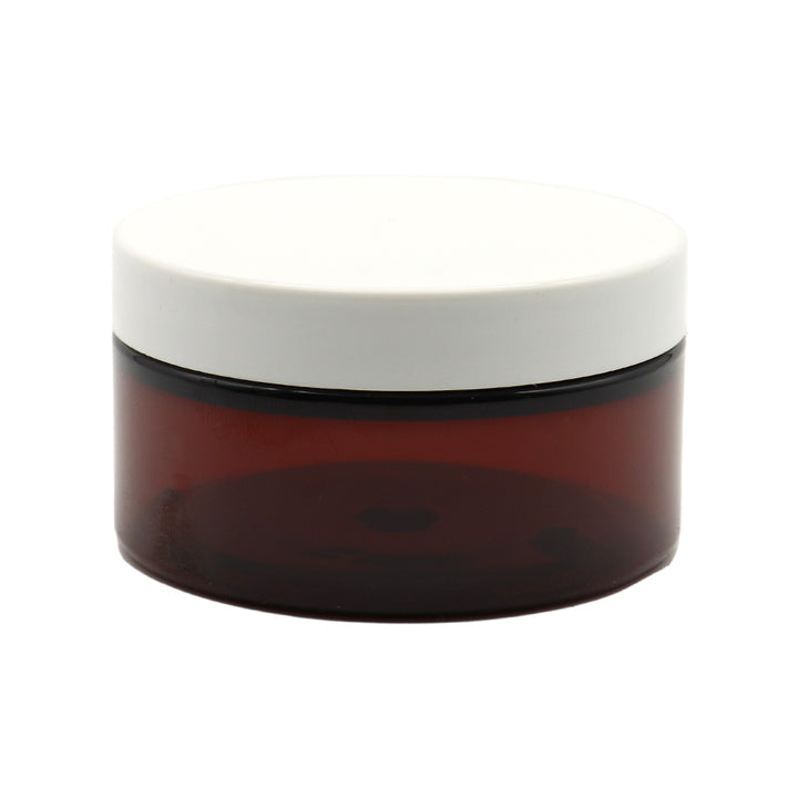 Amber PET jar with white lid