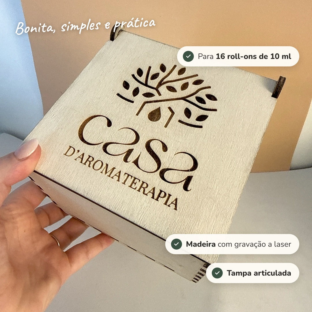 Aromateca para roll-ons na mão, madeira com gravação a laser e tampa articulada