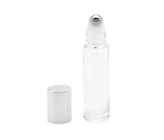 Frasco roll-on vidro transparente c/ tampa prateada 10ml