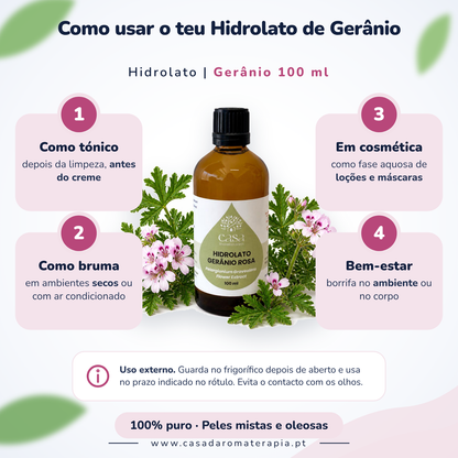Hidrolato de Gerânio | Pelargonium graveolens | 100ml | Casa d'Aromaterapia