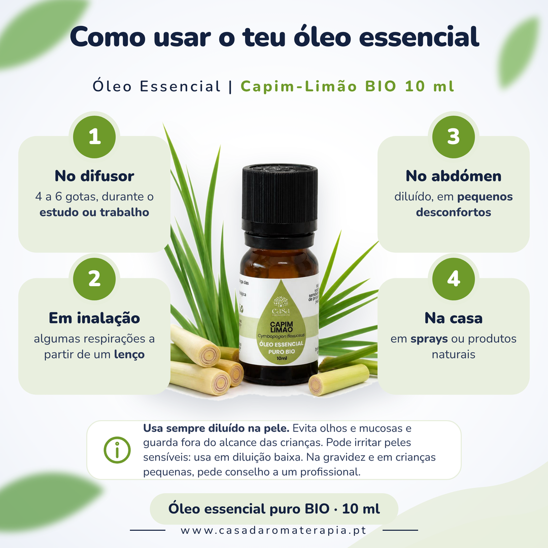 Óleo Essencial de Capim-Limão | Cymbopogon flexuosus | BIO | 10ml | Casa d'Aromaterapia
