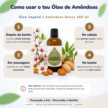Óleo Vegetal de Amêndoas Doces | Prunus amygdalus dulcis | 100ml | Casa d'Aromaterapia