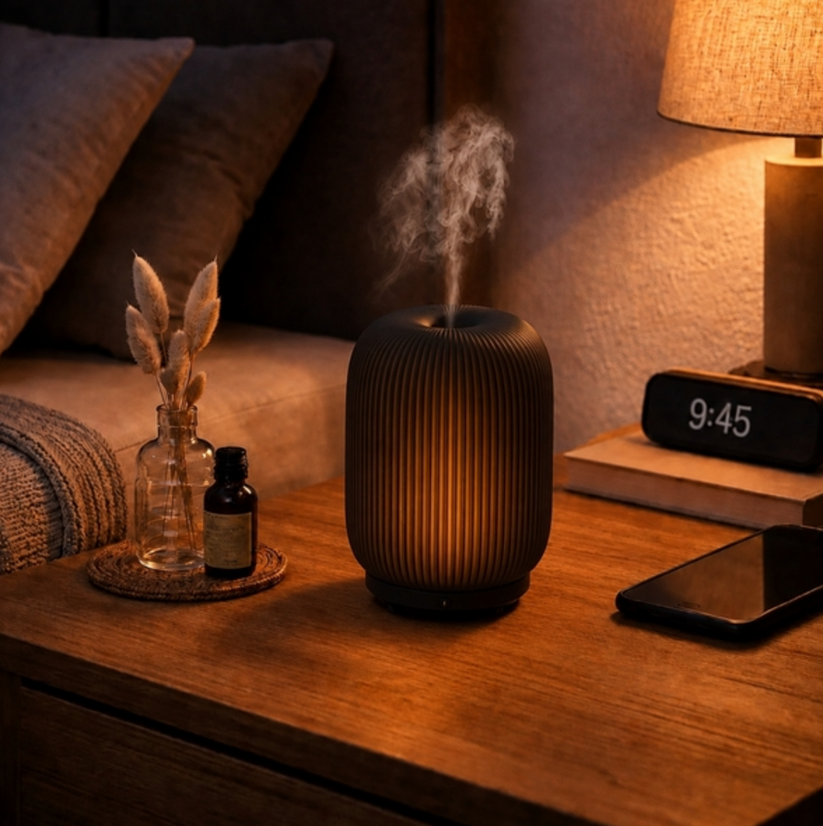 Difusor de Óleos Essenciais por Ultrassons Eluné - Vidro Fumado Texturado com Luz LED