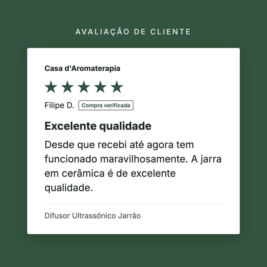 Avaliação de cliente 5 estrelas: Difusor Ultrassónico Jarrão
