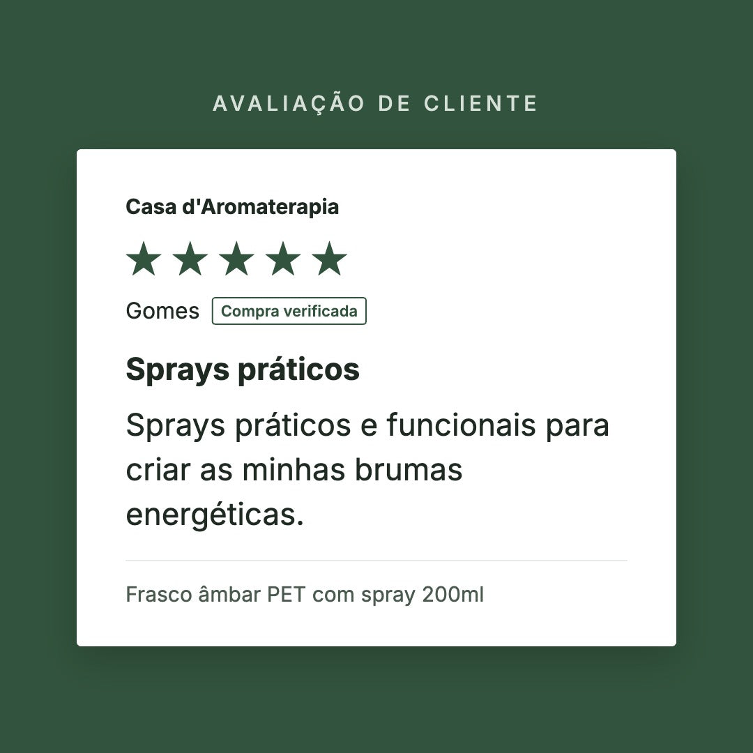 Avaliação de cliente 5 estrelas: Frasco âmbar PET com spray 200ml