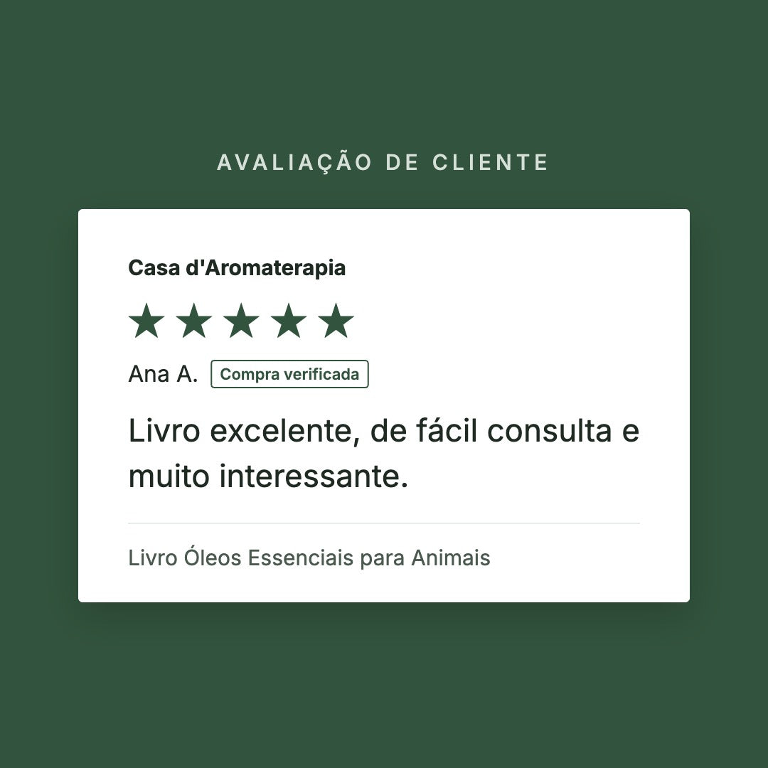 Avaliação de cliente 5 estrelas: Livro Óleos Essenciais para Animais