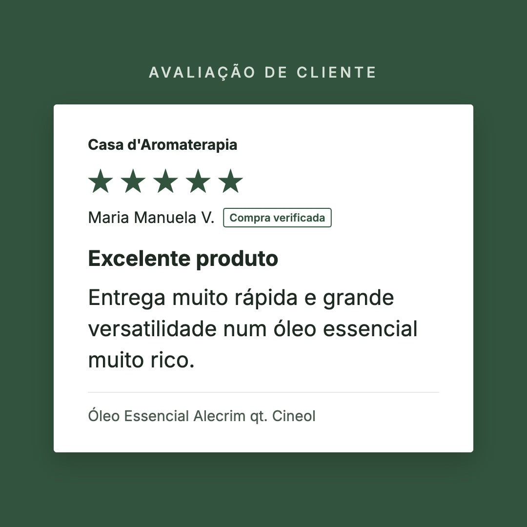 Avaliação de cliente 5 estrelas: Óleo Essencial Alecrim qt. Cineol