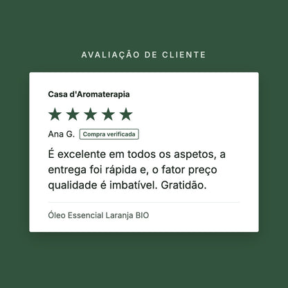 Avaliação de cliente 5 estrelas: Óleo Essencial Laranja BIO