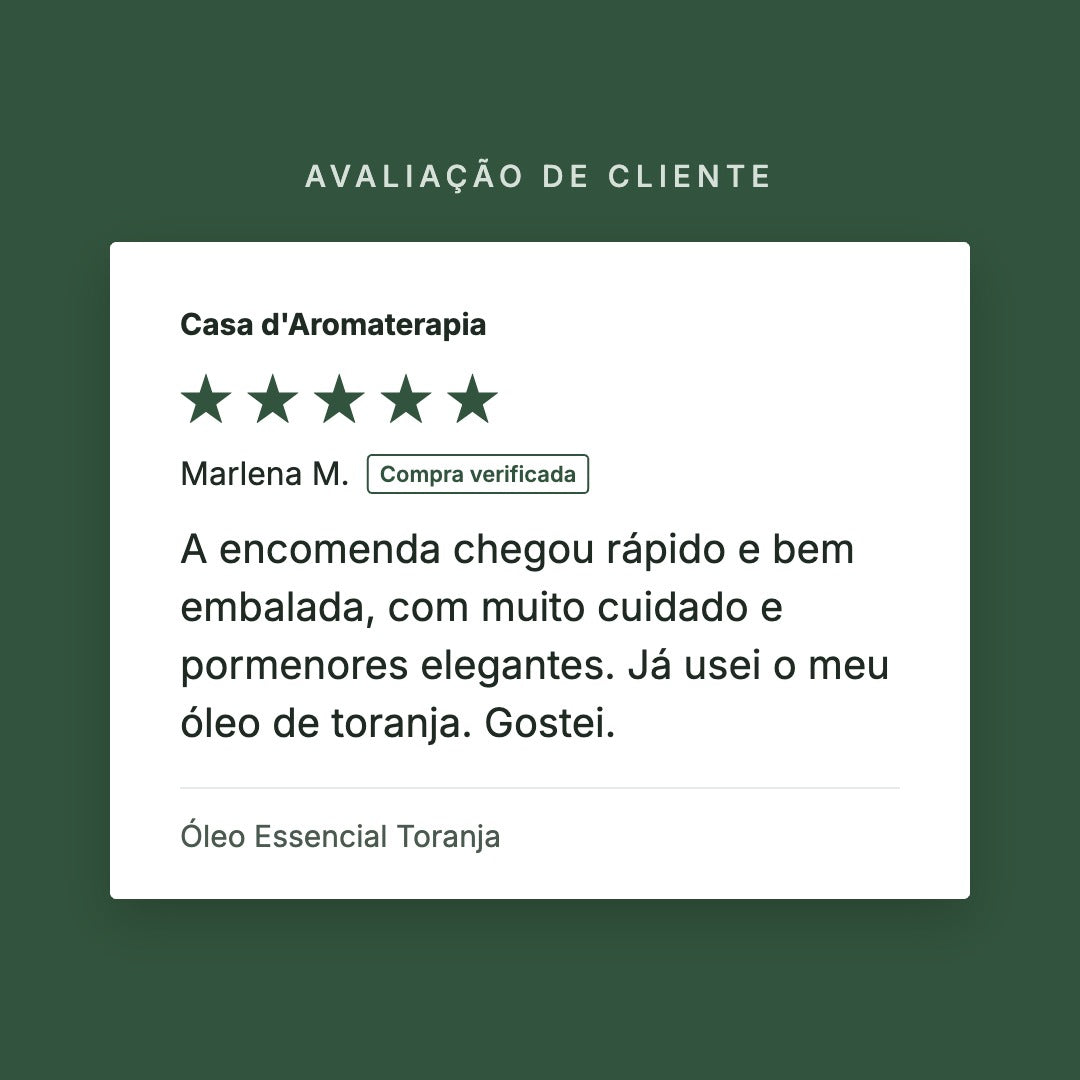 Avaliação de cliente 5 estrelas: Óleo Essencial Toranja